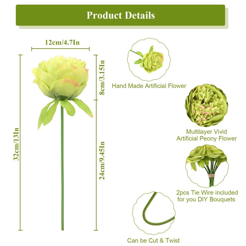 U'Artlines 10 Heads Artificial Peony Silk Flower Leaf Home Office Wedding Party Festival Bar Decor (Green) - Image 3