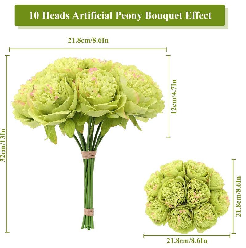 U'Artlines 10 Heads Artificial Peony Silk Flower Leaf Home Office Wedding Party Festival Bar Decor (Green) - Image 2