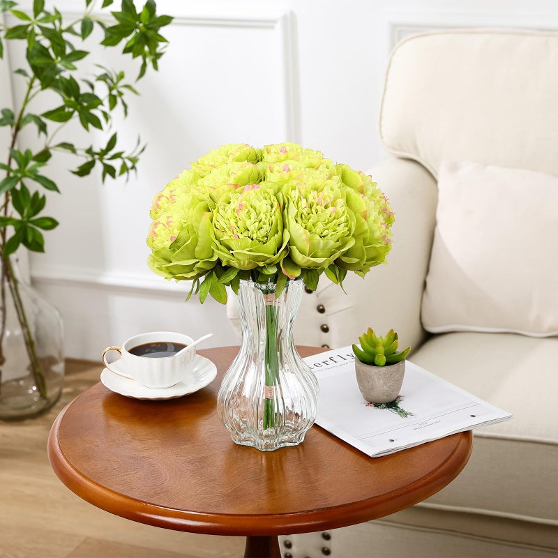 U'Artlines 10 Heads Artificial Peony Silk Flower Leaf Home Office Wedding Party Festival Bar Decor (Green) - Image 4