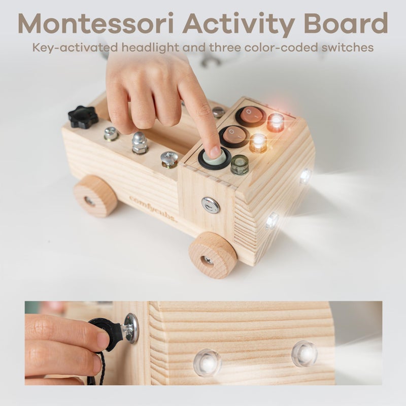 كومفي كلوبس مجموعة شاحنة لعبة Comfy Cubs Busy Board - لوحة أنشطة من خشب الصنوبر ممتعة وخالية من الضوضاء للأطفال الصغار مع مفتاح إضاءة LED - مصممة في الولايات المتحدة تركز على لعب مونتيسوري الجذاب للأطفال بعمر 3 سنوات فما فوق (الخشب الطبيعي) - Image 3