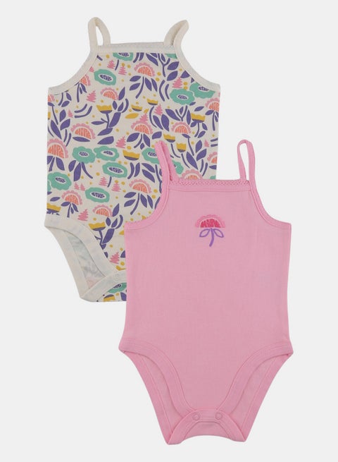 Girls Pink Floral Printed Strap Bodysuit - Pack of 2