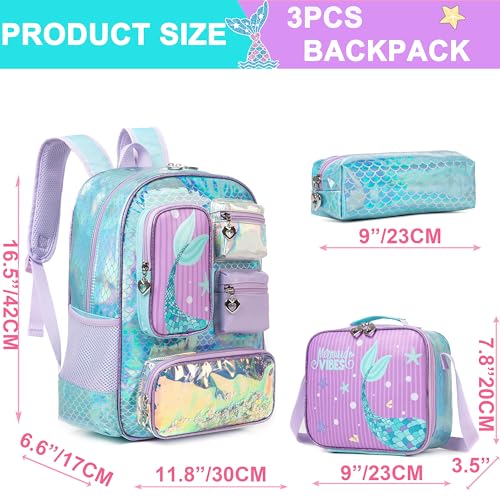 Meetbelify Mermaid Backpack for Girls Backpack with Lunch Box Pencil Case for Elementary Student Kids School Bag for Girls Ages 68 Years Old - Image 3