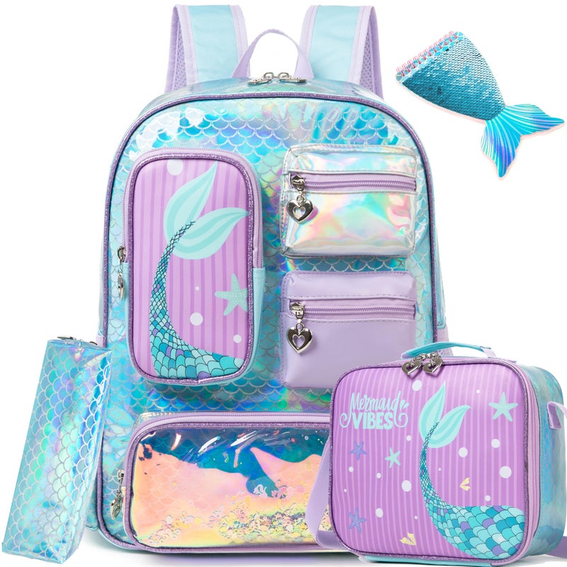 Meetbelify Mermaid Backpack for Girls Backpack with Lunch Box Pencil Case for Elementary Student Kids School Bag for Girls Ages 68 Years Old - Image 2