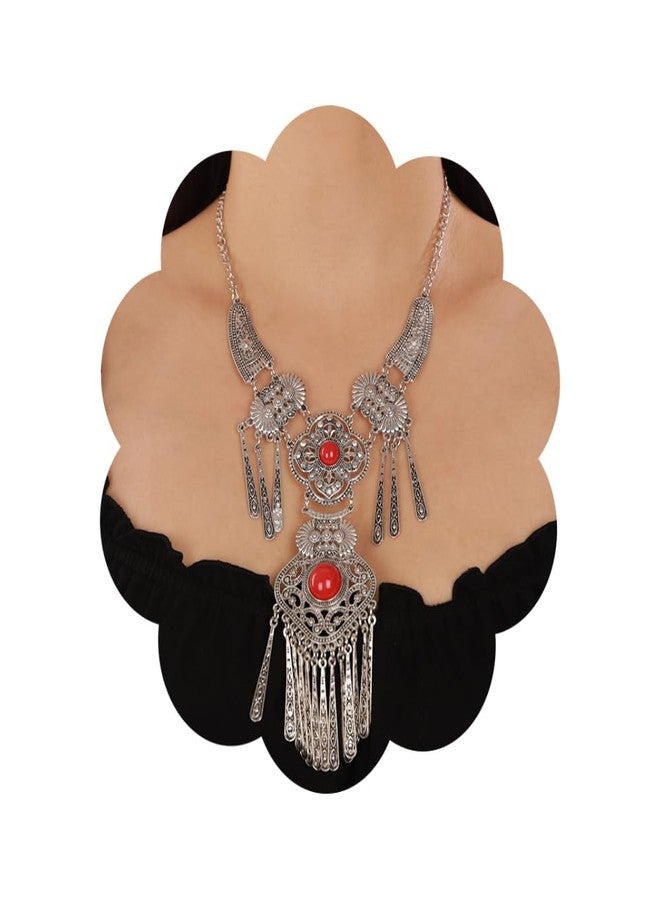 Wiwpar Vintage Bohemian Ethnic Tribal Necklace Boho Statement Turquoise Collar Necklace Chunky Tassel Long Chain Pendant for Women Bib Necklace Jewelry Gift (Red) - Image 1