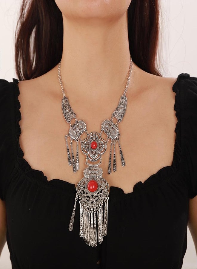 Wiwpar Vintage Bohemian Ethnic Tribal Necklace Boho Statement Turquoise Collar Necklace Chunky Tassel Long Chain Pendant for Women Bib Necklace Jewelry Gift (Red) - Image 2