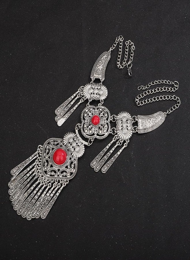 Wiwpar Vintage Bohemian Ethnic Tribal Necklace Boho Statement Turquoise Collar Necklace Chunky Tassel Long Chain Pendant for Women Bib Necklace Jewelry Gift (Red) - Image 5