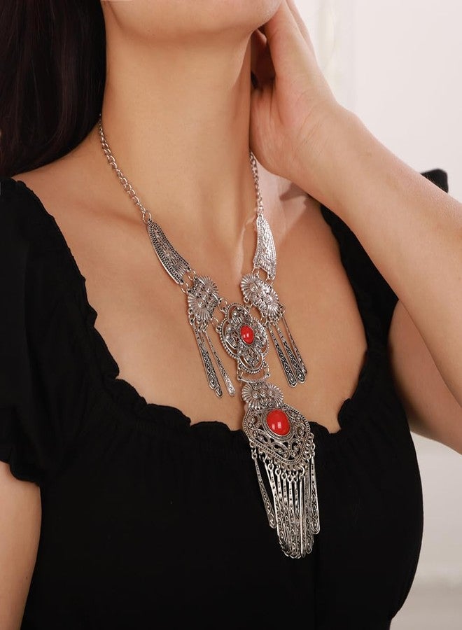 Wiwpar Vintage Bohemian Ethnic Tribal Necklace Boho Statement Turquoise Collar Necklace Chunky Tassel Long Chain Pendant for Women Bib Necklace Jewelry Gift (Red) - Image 3