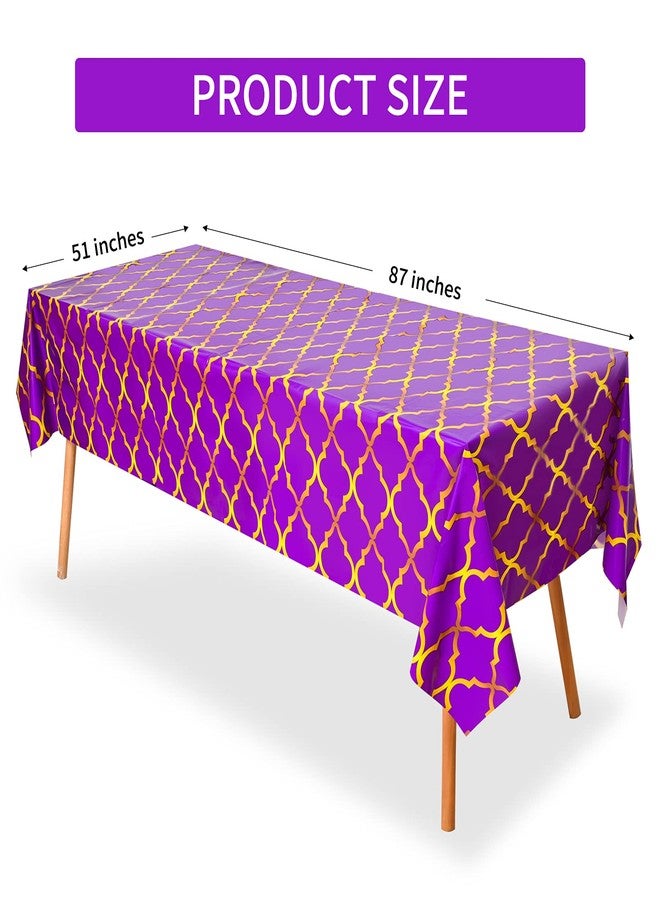 Lecpeting 2 Pcs Arabian Tablecloth Purple Gold Lattice Plastic Table Covers 87 x 51 Inches Arabian Nights Themed Party Decorations for Birthday Party Supplies - Image 2