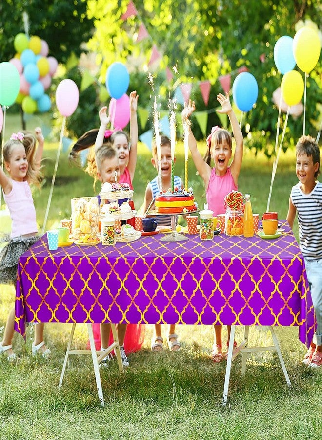 Lecpeting 2 Pcs Arabian Tablecloth Purple Gold Lattice Plastic Table Covers 87 x 51 Inches Arabian Nights Themed Party Decorations for Birthday Party Supplies - Image 5