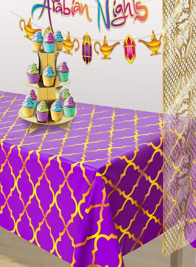 Lecpeting 2 Pcs Arabian Tablecloth Purple Gold Lattice Plastic Table Covers 87 x 51 Inches Arabian Nights Themed Party Decorations for Birthday Party Supplies - Image 4