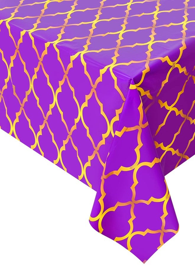 Lecpeting 2 Pcs Arabian Tablecloth Purple Gold Lattice Plastic Table Covers 87 x 51 Inches Arabian Nights Themed Party Decorations for Birthday Party Supplies - Image 1