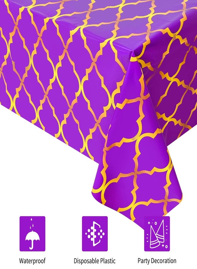 Lecpeting 2 Pcs Arabian Tablecloth Purple Gold Lattice Plastic Table Covers 87 x 51 Inches Arabian Nights Themed Party Decorations for Birthday Party Supplies - Image 3