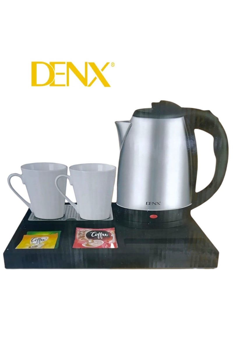 Denx Electric Kettle Set for Hotels and Homes with 2 Ceramic Cups 1500W 1.8L Silver - Image 1