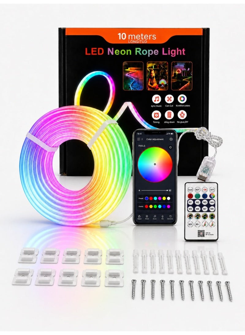 10M RGB LED Neon Rope Light, 5V USB Powered Flexible Silicone Neon Light with Bluetooth App, 24-Key Remote and Inline Control, Music Sync, Timer, 35W, IP68 Waterproof Light Body for Bedroom, Gaming Room, TV Backlight and Decor - Image 1