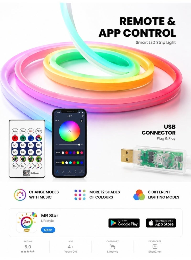 10M RGB LED Neon Rope Light, 5V USB Powered Flexible Silicone Neon Light with Bluetooth App, 24-Key Remote and Inline Control, Music Sync, Timer, 35W, IP68 Waterproof Light Body for Bedroom, Gaming Room, TV Backlight and Decor - Image 2