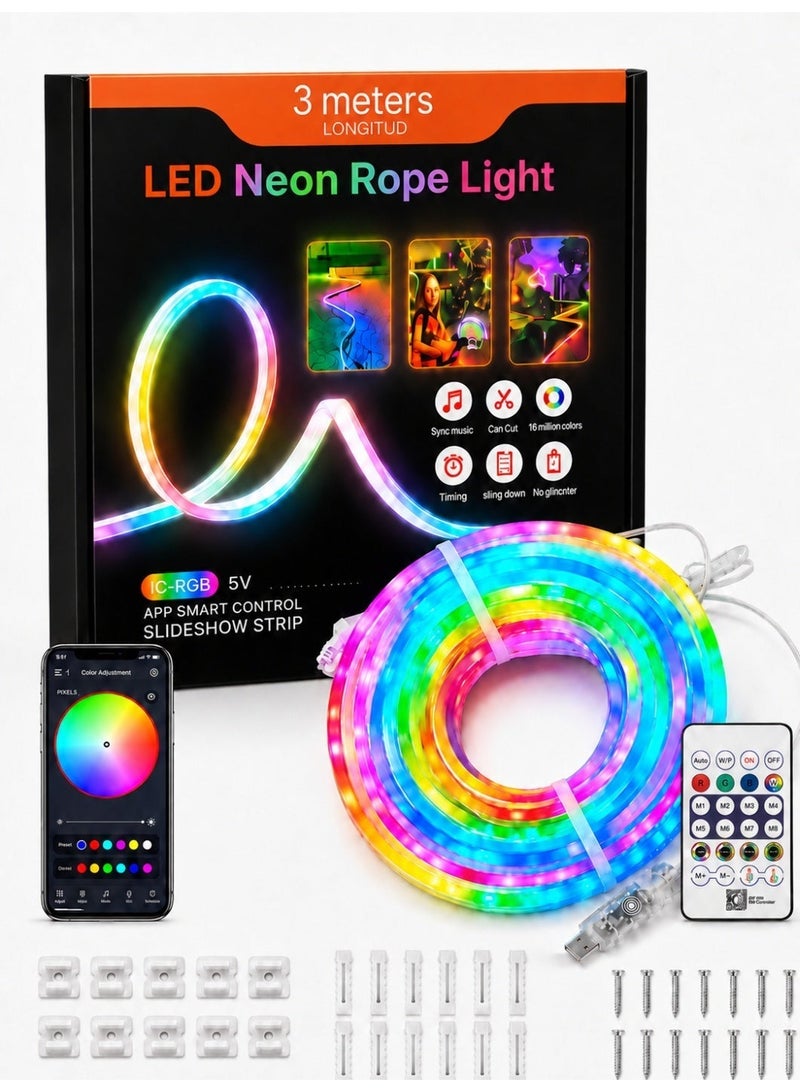 10M RGB LED Neon Rope Light, 5V USB Powered Flexible Silicone Neon Light with Bluetooth App, 24-Key Remote and Inline Control, Music Sync, Timer, 35W, IP68 Waterproof Light Body for Bedroom, Gaming Room, TV Backlight and Decor - Image 1