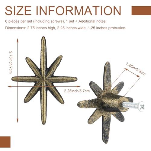 Otoolling 6 Set Unique Antique Gold Cast Iron Drawer Pulls Cabinet Knobs 8Pointed Star Unique Cabinet Knobs Add MidCentury Modern Charm to Your Decor with Elegant Burst Design - Image 3