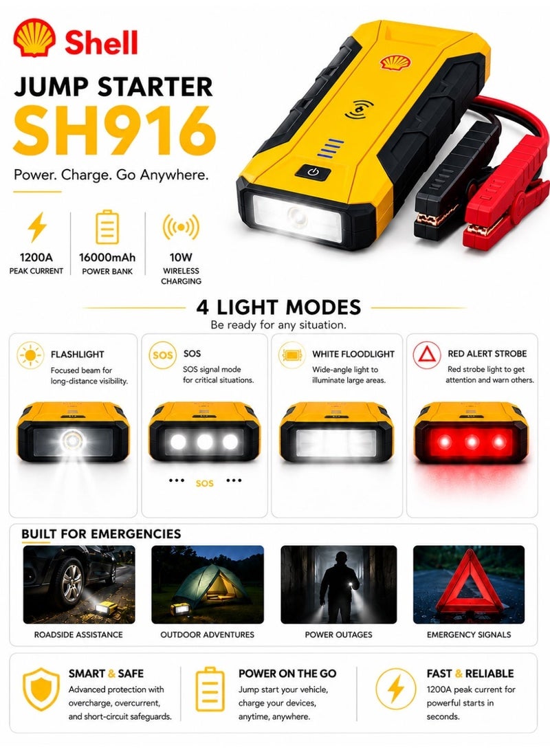 شيل جمب ستارتر للسيارات مشغل سيارات Shell استطاعة 59.2 واط وبطارية شحن 16000mAh | شاحن لاسلكي، مشغل سيارات للشاحنات وسيارات الدفع الرباعي، مشغل محمول مع ضوء LED وحماية أمان ذكية - Image 4