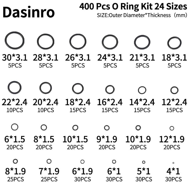 Dasinro 400 Pcs Rubber O-Rings Assortment Kit, 24 Sizes Rubber O-Ring Sealing Seal Assortment Set for Faucet, Hose, Automotive Repair, Plumbing, Gas, O Rings Kit - Image 2