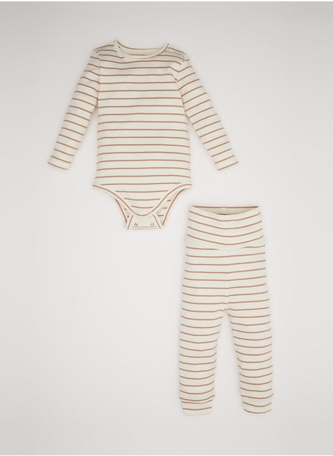 Striped Ribbed Snap-Up Bodysuit And Elastic Waist Bottom 2-Piece Set