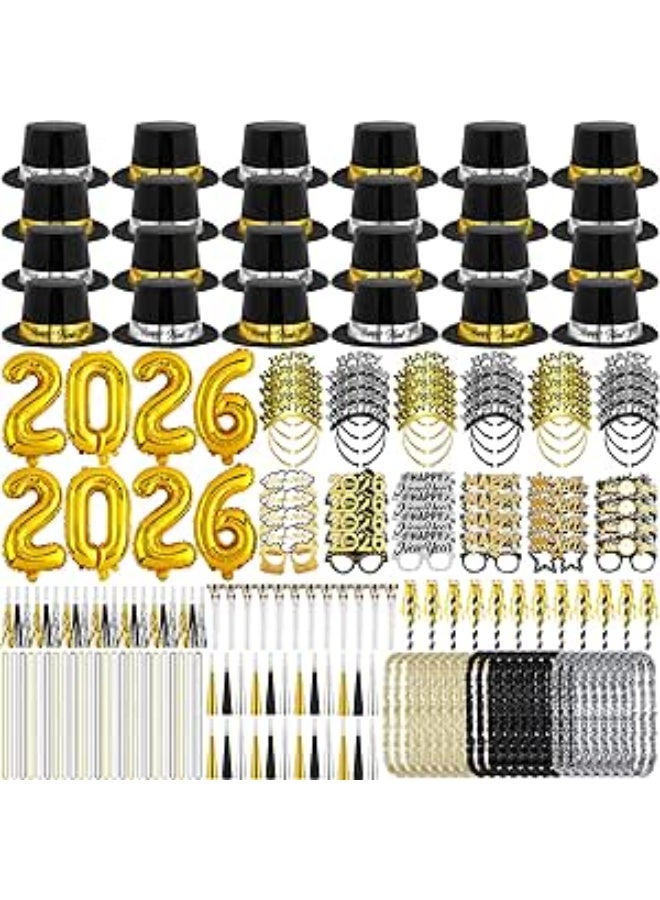 194 PCS New Year's Eve Party Kit for 24 Guests Happy New Year Party Supplies Set with Hats Headbands Noisemakers Horns Glasses Bead Necklaces Garlands 2026 Foil Balloon for New Year Decoration