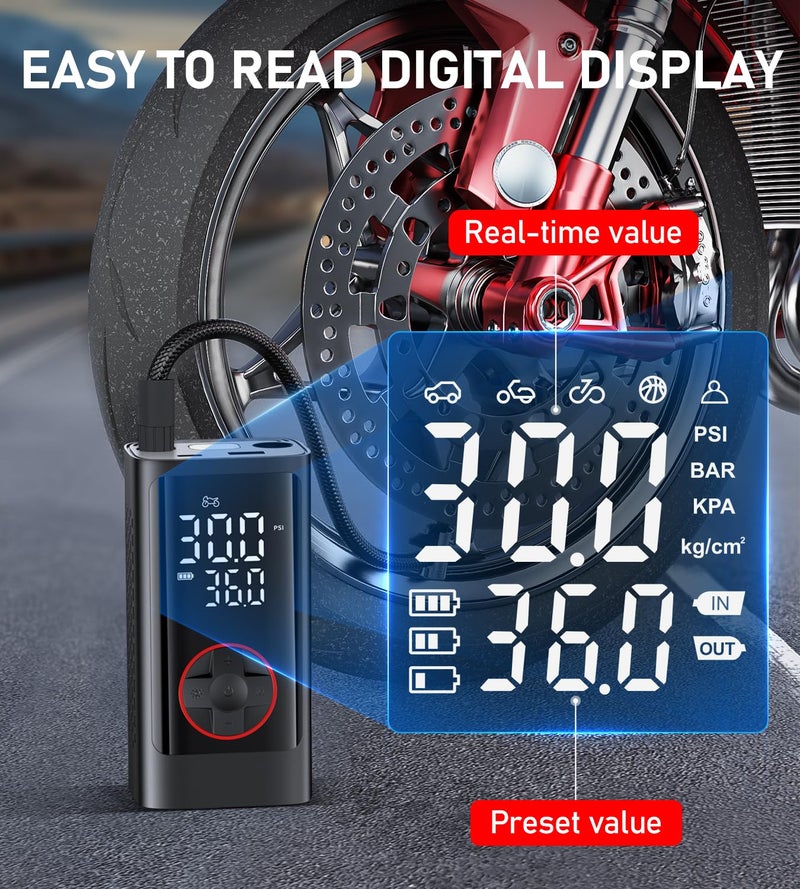 Pumptiva Tire Inflator Portable Air Compressor, Cordless Air Pump for Car Tires, 150PSI Portable Tire Inflator for Car with Auto Stop & LED Lights for SUV Sedan Motorcycle Bike Bicycle Ball - Image 4