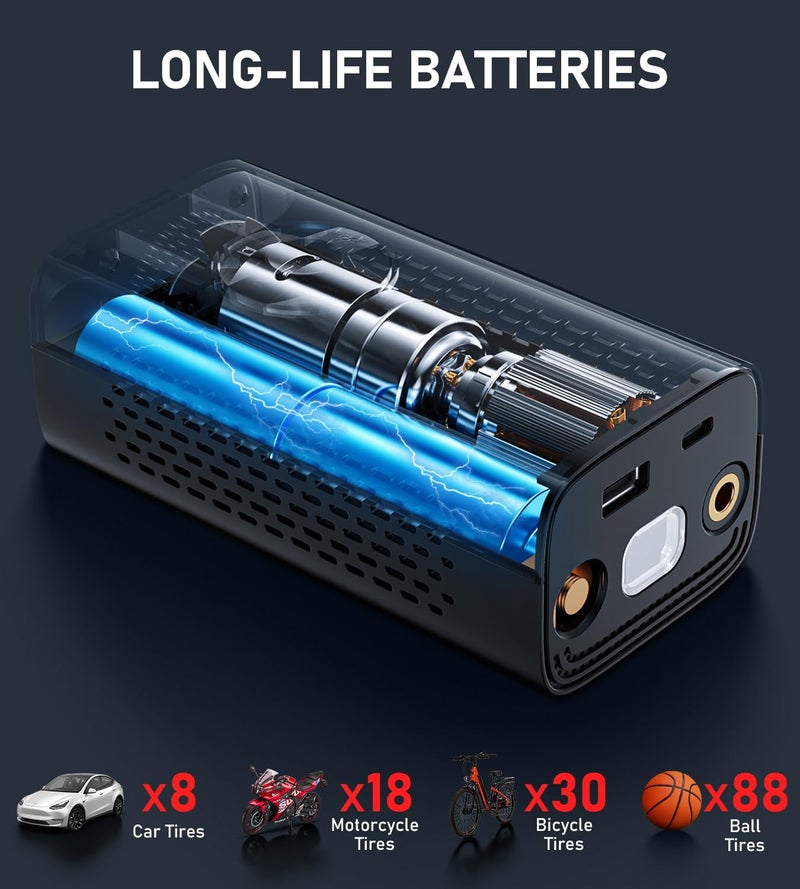 Pumptiva Tire Inflator Portable Air Compressor, Cordless Air Pump for Car Tires, 150PSI Portable Tire Inflator for Car with Auto Stop & LED Lights for SUV Sedan Motorcycle Bike Bicycle Ball - Image 5