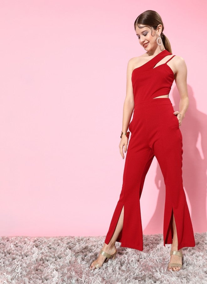 Athena Red Solid Cut Out Jumpsuit for Women - Image 3
