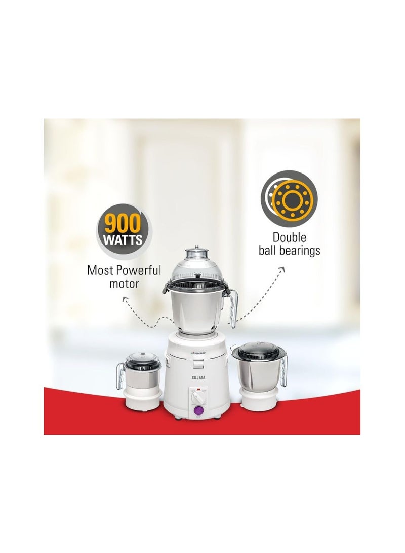 SUJATA 900W Mixer Grinder | 22,000 RPM High-Speed Motor | 90-Minute Continuous Running | Double Ball Bearing Motor | 3 Versatile Stainless Steel Jars | 1500ml Wet Grinder Jar | 1000ml Dry Grinder Jar | 500ml Chutney Jar | 3-Speed Control | White | 2-Year Warranty | Dynamix - Image 3