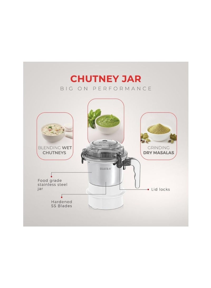 SUJATA 900W Mixer Grinder | 22,000 RPM High-Speed Motor | 90-Minute Continuous Running | Double Ball Bearing Motor | 3 Versatile Stainless Steel Jars | 1500ml Wet Grinder Jar | 1000ml Dry Grinder Jar | 500ml Chutney Jar | 3-Speed Control | White | 2-Year Warranty | Dynamix - Image 4