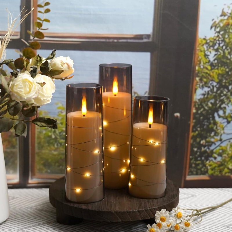 LTETTES Grey Acrylic Fiberglass Flameless LED Candle Set of 3 | Flickering Flame with Embedded Copper String Lights | 2.3" D x 5.5", 6.5", 7.5" H | Battery Powered with Remote for Elegant Home Décor - Image 3