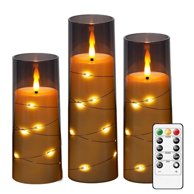 LTETTES Grey Acrylic Fiberglass Flameless LED Candle Set of 3 | Flickering Flame with Embedded Copper String Lights | 2.3" D x 5.5", 6.5", 7.5" H | Battery Powered with Remote for Elegant Home Décor - Image 1