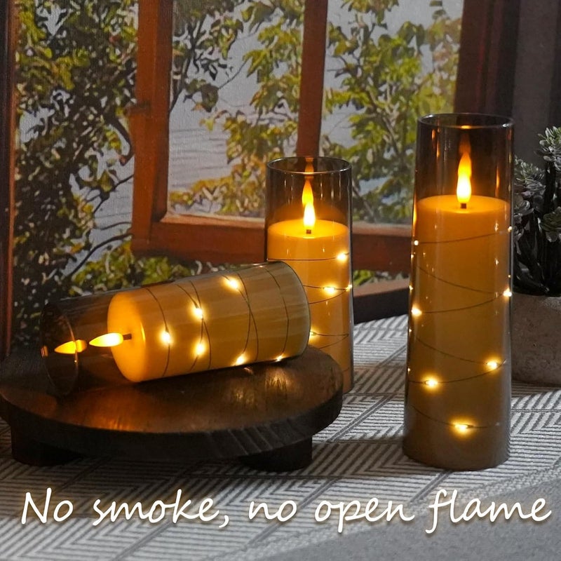 LTETTES Grey Acrylic Fiberglass Flameless LED Candle Set of 3 | Flickering Flame with Embedded Copper String Lights | 2.3" D x 5.5", 6.5", 7.5" H | Battery Powered with Remote for Elegant Home Décor - Image 4