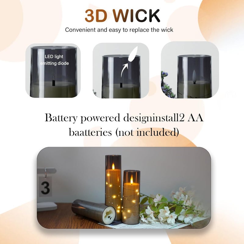 LTETTES Grey Acrylic Fiberglass Flameless LED Candle Set of 3 | Flickering Flame with Embedded Copper String Lights | 2.3" D x 5.5", 6.5", 7.5" H | Battery Powered with Remote for Elegant Home Décor - Image 2