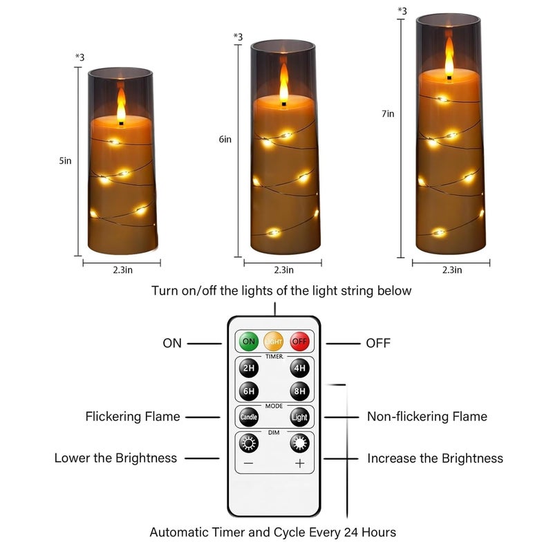 LTETTES Grey Acrylic Fiberglass Flameless LED Candle Set of 3 | Flickering Flame with Embedded Copper String Lights | 2.3" D x 5.5", 6.5", 7.5" H | Battery Powered with Remote for Elegant Home Décor - Image 5