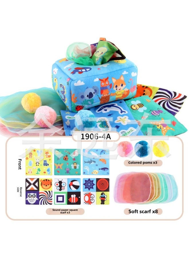 Baby Early Education Cloth Book Tissue Box Ring Paper Square Towel Cognitive Animal English Tear Not To Rip Children's Tissue Toy-Color:1906-4A Fox Towel Box With Pompom 79.8G Volume Weight 350 Grams  - Image 1