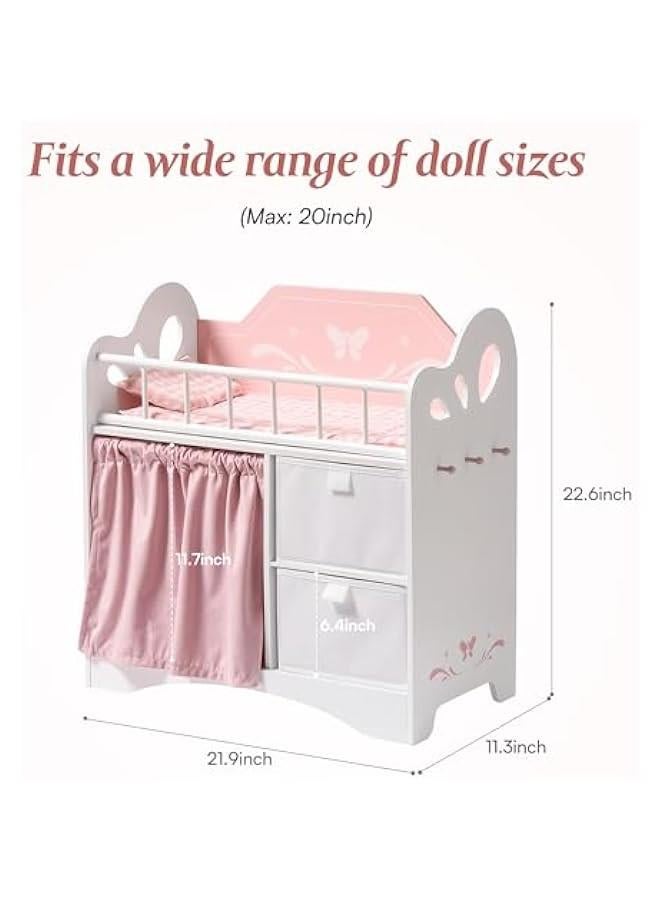 Arabest Baby Doll Crib, Wooden Doll Bed, Toy Baby Crib with Storage, Bedding, and Wooden Hooks, Doll Crib Fits Dolls up to 21, Doll Furniture for American Girls Ages 3+ (Pink) - Image 2