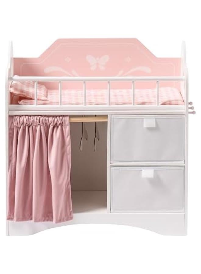 Arabest Baby Doll Crib, Wooden Doll Bed, Toy Baby Crib with Storage, Bedding, and Wooden Hooks, Doll Crib Fits Dolls up to 21, Doll Furniture for American Girls Ages 3+ (Pink) - Image 1