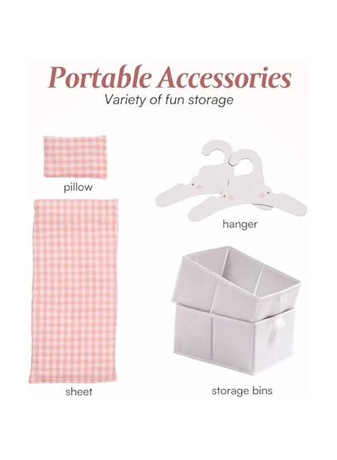 Arabest Baby Doll Crib, Wooden Doll Bed, Toy Baby Crib with Storage, Bedding, and Wooden Hooks, Doll Crib Fits Dolls up to 21, Doll Furniture for American Girls Ages 3+ (Pink) - Image 3