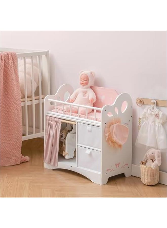 Arabest Baby Doll Crib, Wooden Doll Bed, Toy Baby Crib with Storage, Bedding, and Wooden Hooks, Doll Crib Fits Dolls up to 21, Doll Furniture for American Girls Ages 3+ (Pink) - Image 4