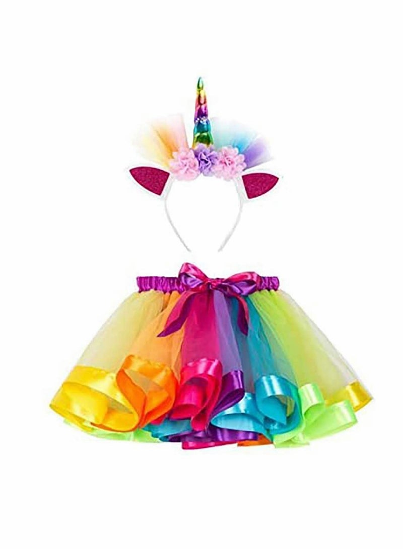 SYOSI Baby Girls Rainbow Mini Tutu Skirt Party Costume Dress for Girls, Skirt and Hair Bow set, Pink and Multicolor, Layered Ballet Feature Tulle Polyester Dress - Image 1