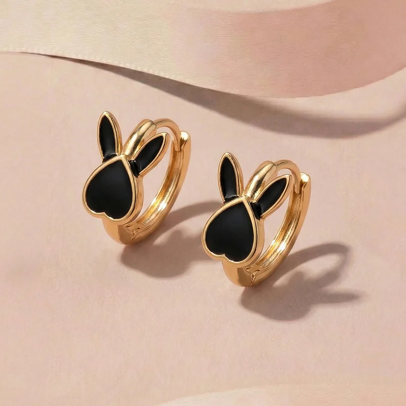 Palmonas 18k Gold Plated Black Bunny Hoop Earrings For Women - Waterproof & Anti-Tarnish