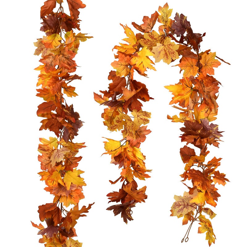 DearHouse 2 Pack Fall Maple Leaf Garland 59FtPiece Hanging Vine Artificial Autumn Foliage for Thanksgiving Home Wedding Fireplace Party Christmas Decor Light Orange