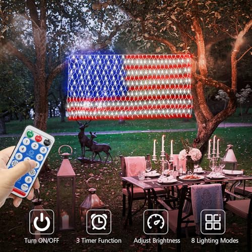 DBFAIRY Solar American Flag Lights Outdoor,420 LEDs American Flag Net Lights 6.5ft x 3.28ft Super Bright,Memorial Day Decorations of The United States for Independence/National/Memorial Day,July 4th - Image 4