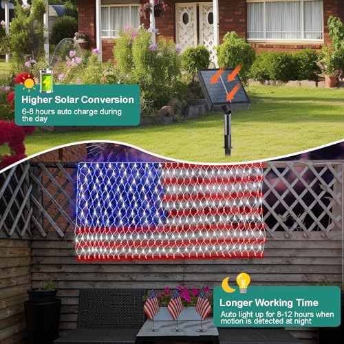 DBFAIRY Solar American Flag Lights Outdoor,420 LEDs American Flag Net Lights 6.5ft x 3.28ft Super Bright,Memorial Day Decorations of The United States for Independence/National/Memorial Day,July 4th - Image 3