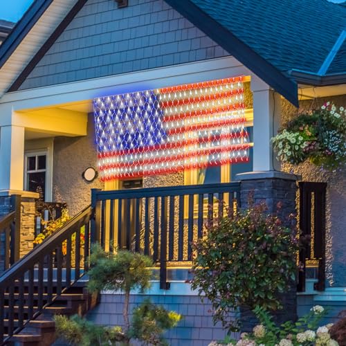 DBFAIRY Solar American Flag Lights Outdoor,420 LEDs American Flag Net Lights 6.5ft x 3.28ft Super Bright,Memorial Day Decorations of The United States for Independence/National/Memorial Day,July 4th - Image 2
