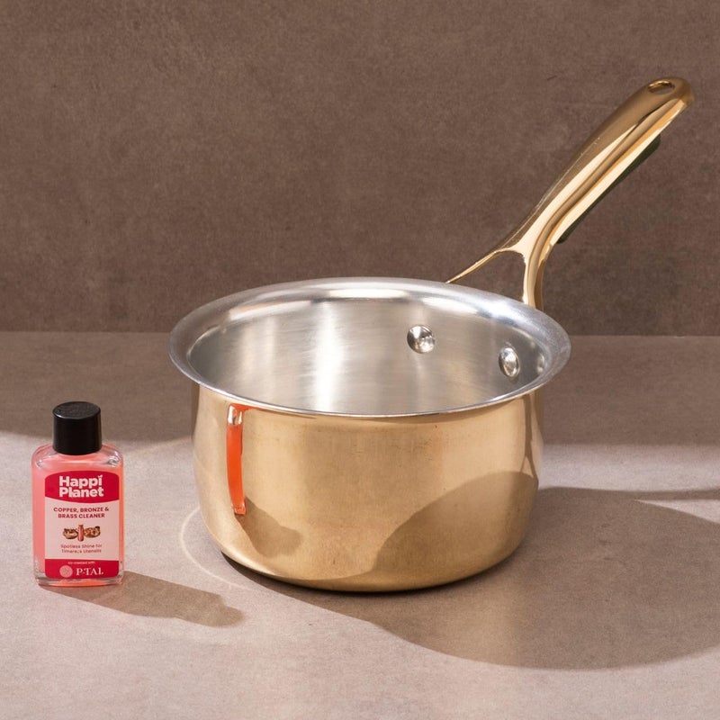 P-TAL Brass Saucepan 1.2L with Insulated Heat-Resistant Handle | 100% Pure Brass Tin Coated Tea Pan | Chemical-Free and Non-Stick (Free 30ml Copper & Brass Cleaning Solution) - Image 1