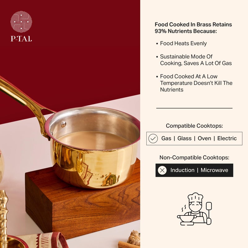 P-TAL Brass Saucepan 1.2L with Insulated Heat-Resistant Handle | 100% Pure Brass Tin Coated Tea Pan | Chemical-Free and Non-Stick (Free 30ml Copper & Brass Cleaning Solution) - Image 4