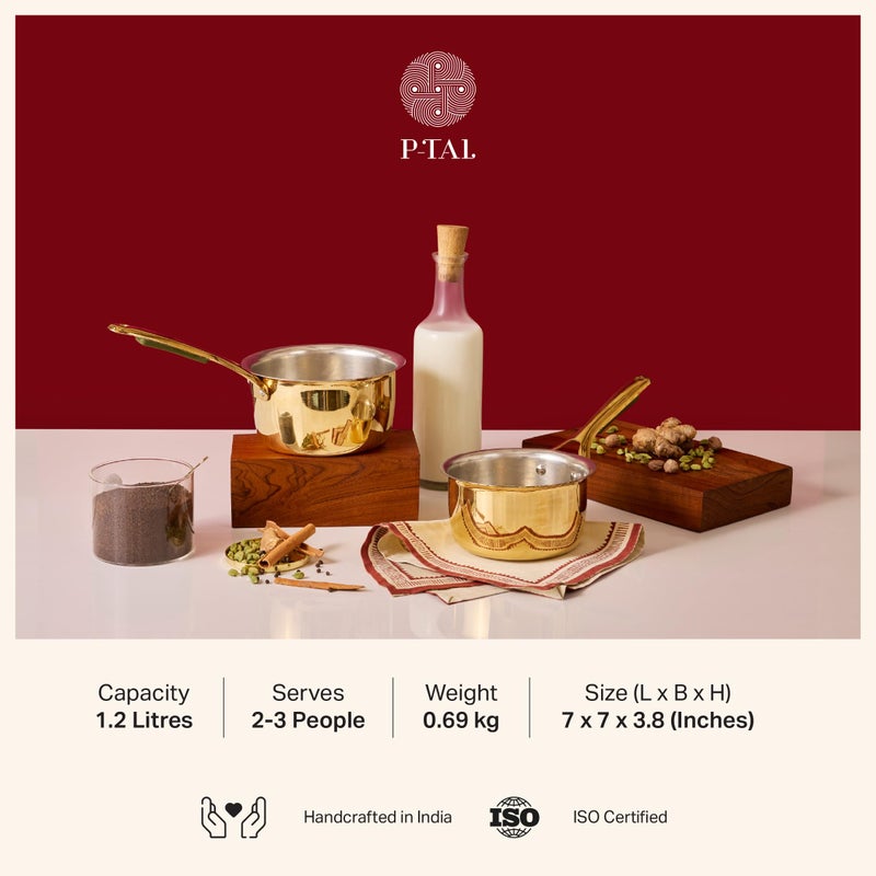 P-TAL Brass Saucepan 1.2L with Insulated Heat-Resistant Handle | 100% Pure Brass Tin Coated Tea Pan | Chemical-Free and Non-Stick (Free 30ml Copper & Brass Cleaning Solution) - Image 2