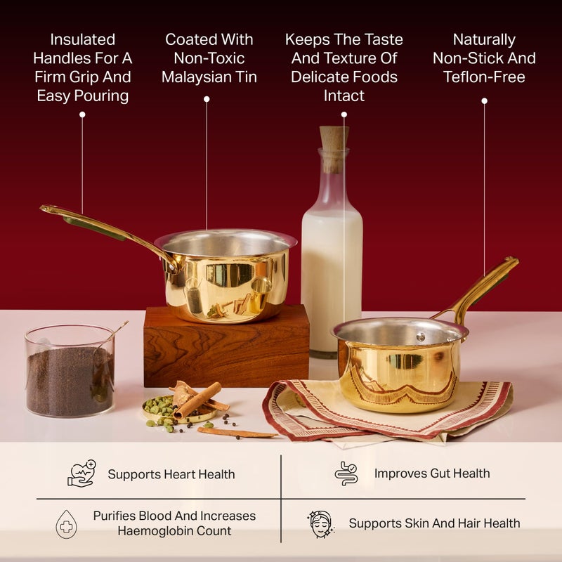 P-TAL Brass Saucepan 1.2L with Insulated Heat-Resistant Handle | 100% Pure Brass Tin Coated Tea Pan | Chemical-Free and Non-Stick (Free 30ml Copper & Brass Cleaning Solution) - Image 3